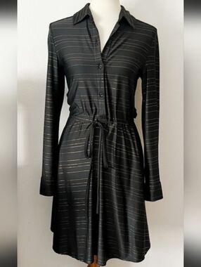 Anthropologie Hutch Womens Black  Dress w/Drawstring Waist Gold Stripe Detail 1X